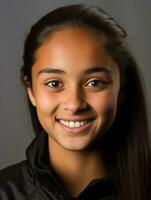 Smiling young woman of Indian descent against neutral background AI Generative photo