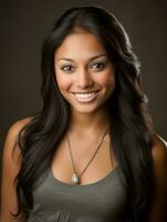 Smiling young woman of Indian descent against neutral background AI Generative photo