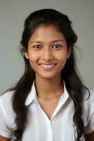 Smiling young woman of Indian descent against neutral background AI Generative photo