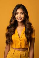 Smiling young woman of Indian descent against neutral background AI Generative photo