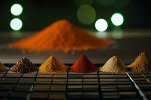 a row of spices on a table. AI-Generated photo