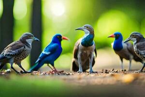 five colorful birds standing on the ground in a forest. AI-Generated photo