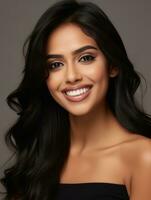 Smiling young woman of Indian descent against neutral background AI Generative photo