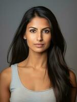 Smiling young woman of Indian descent against neutral background AI Generative photo