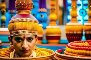 un mujer en tradicional indio vestir es participación un cesta. generado por ai foto