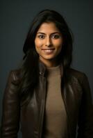Smiling young woman of Indian descent against neutral background AI Generative photo