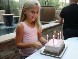 niño soplo fuera el velas en su cumpleaños pastel ai generativo foto