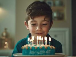 niño soplo fuera el velas en su cumpleaños pastel ai generativo foto