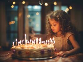 niño soplo fuera el velas en su cumpleaños pastel ai generativo foto