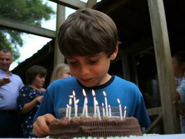 Child blowing out the candles on their birthday cake AI Generative photo