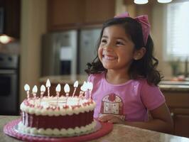 Child blowing out the candles on their birthday cake AI Generative photo