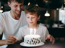 niño soplo fuera el velas en su cumpleaños pastel ai generativo foto