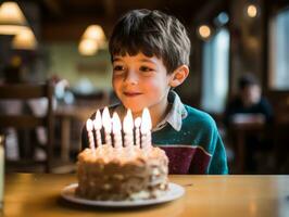 Child blowing out the candles on their birthday cake AI Generative photo