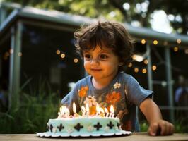 Child blowing out the candles on their birthday cake AI Generative photo