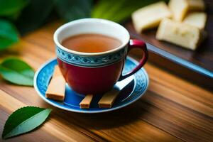 un taza de té con un rebanada de limón. generado por ai foto