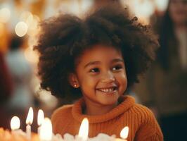 niño soplo fuera el velas en su cumpleaños pastel ai generativo foto