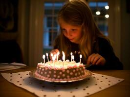 niño soplo fuera el velas en su cumpleaños pastel ai generativo foto