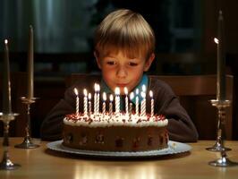 niño soplo fuera el velas en su cumpleaños pastel ai generativo foto