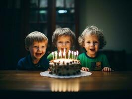 niño soplo fuera el velas en su cumpleaños pastel ai generativo foto