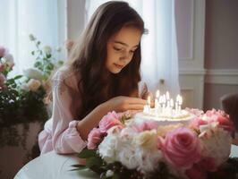 niño soplo fuera el velas en su cumpleaños pastel ai generativo foto