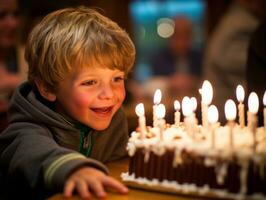 Child blowing out the candles on their birthday cake AI Generative photo