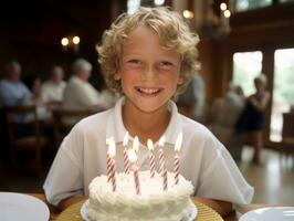 Child blowing out the candles on their birthday cake AI Generative photo