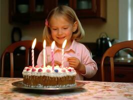 niño soplo fuera el velas en su cumpleaños pastel ai generativo foto