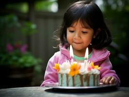 Child blowing out the candles on their birthday cake AI Generative photo