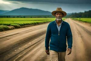 un más viejo hombre vistiendo un sombrero y azul suéter caminando abajo un suciedad la carretera. generado por ai foto