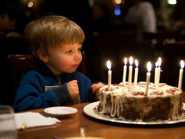 niño soplo fuera el velas en su cumpleaños pastel ai generativo foto
