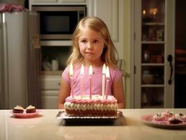 niño soplo fuera el velas en su cumpleaños pastel ai generativo foto