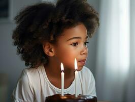 niño soplo fuera el velas en su cumpleaños pastel ai generativo foto