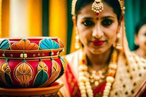 a woman in traditional indian attire holding a pot. AI-Generated photo