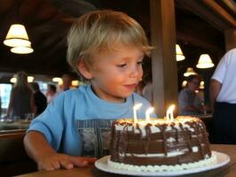 Child blowing out the candles on their birthday cake AI Generative photo