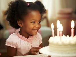 Child blowing out the candles on their birthday cake AI Generative photo