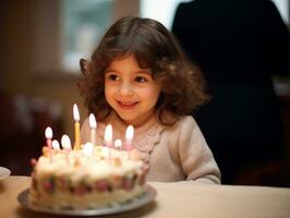 niño soplo fuera el velas en su cumpleaños pastel ai generativo foto