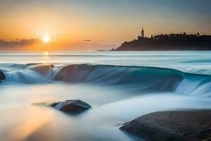 un hermosa puesta de sol terminado el Oceano con olas estrellarse dentro rocas generado por ai foto