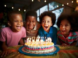 niño soplo fuera el velas en su cumpleaños pastel ai generativo foto