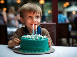 Child blowing out the candles on their birthday cake AI Generative photo