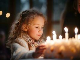 Child blowing out the candles on their birthday cake AI Generative photo