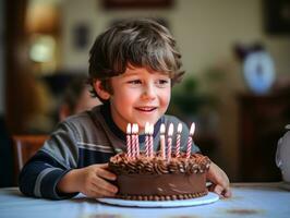 Child blowing out the candles on their birthday cake AI Generative photo