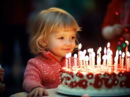 niño soplo fuera el velas en su cumpleaños pastel ai generativo foto