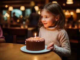 Child blowing out the candles on their birthday cake AI Generative photo