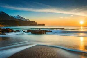the sun sets over a beach and mountains. AI-Generated photo
