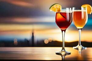 two glasses of wine with orange slices on the table. AI-Generated photo