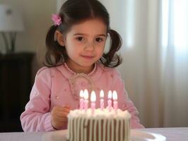 niño soplo fuera el velas en su cumpleaños pastel ai generativo foto