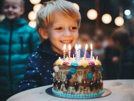 Child blowing out the candles on their birthday cake AI Generative photo