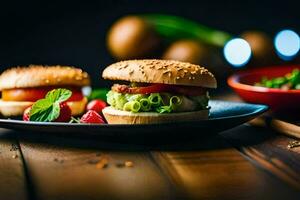 two hamburgers on a plate with strawberries and tomatoes. AI-Generated photo