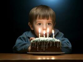 niño soplo fuera el velas en su cumpleaños pastel ai generativo foto