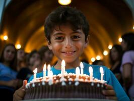 Child blowing out the candles on their birthday cake AI Generative photo